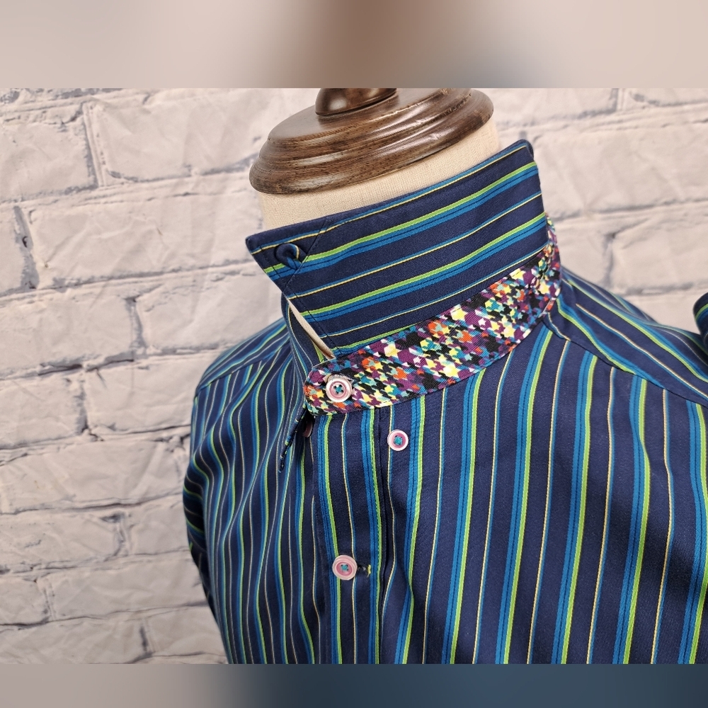 Robert Graham Mens Button Down Shirt Green Blue Striped Flip Cuff Classic Fit XL - Picture 2 of 16